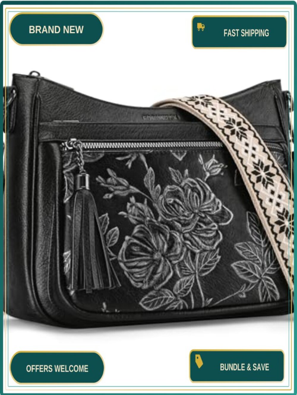 Vegan Leather Crossbody Bag Wide Boho Strap Medium Purse
